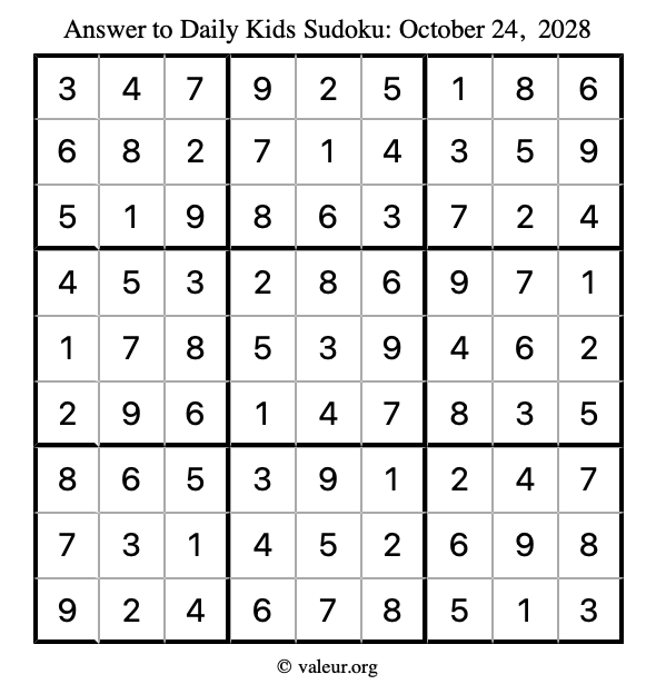 Answer to kids sudoku October 24, 2028