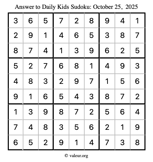 Answer to kids sudoku October 25, 2025