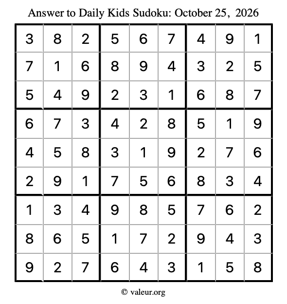 Answer to kids sudoku October 25, 2026