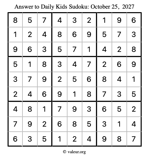 Answer to kids sudoku October 25, 2027