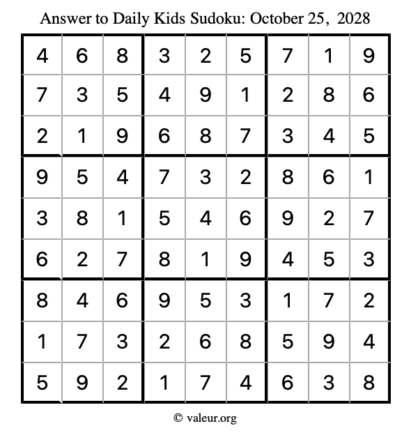 Answer to kids sudoku October 25, 2028