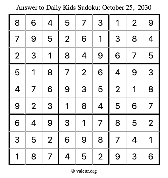 Answer to kids sudoku October 25, 2030