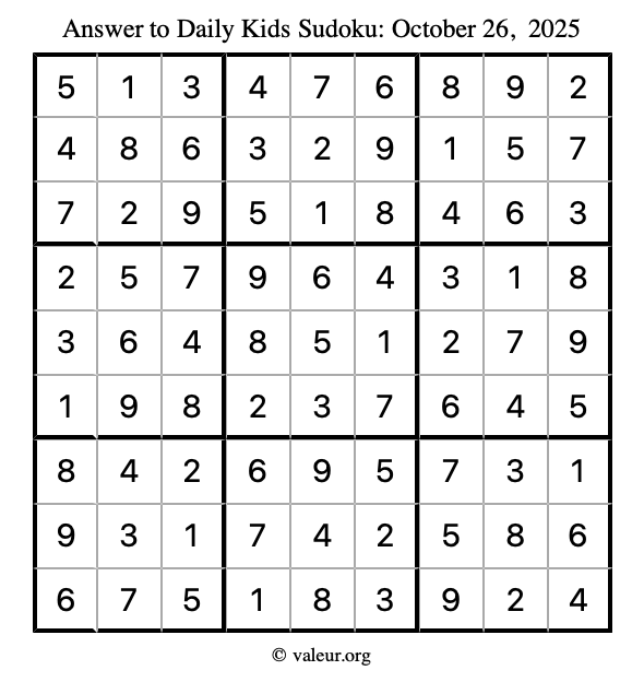 Answer to kids sudoku October 26, 2025