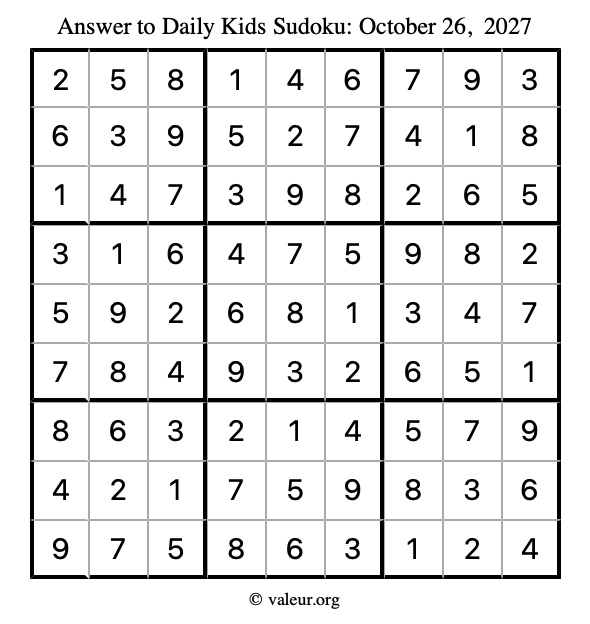Answer to kids sudoku October 26, 2027