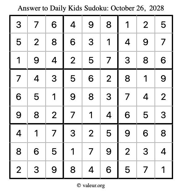 Answer to kids sudoku October 26, 2028