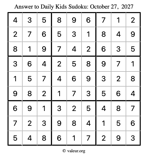 Answer to kids sudoku October 27, 2027