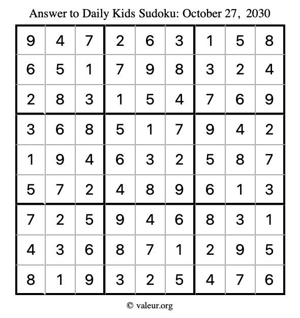 Answer to kids sudoku October 27, 2030