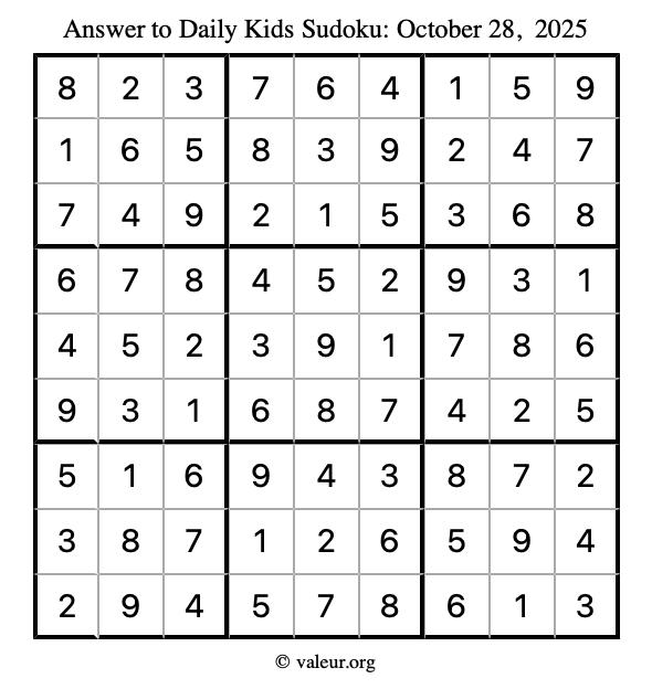 Answer to kids sudoku October 28, 2025