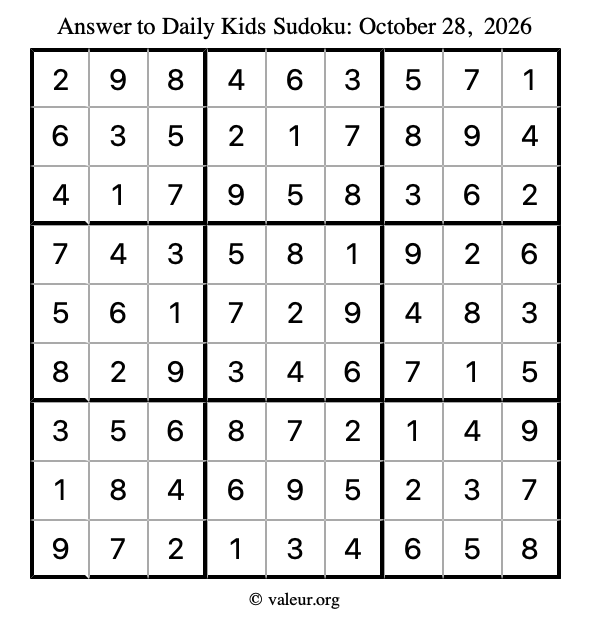 Answer to kids sudoku October 28, 2026