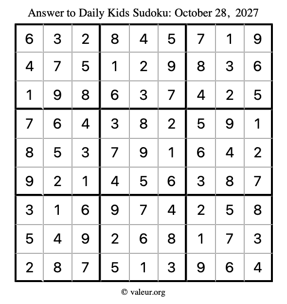 Answer to kids sudoku October 28, 2027