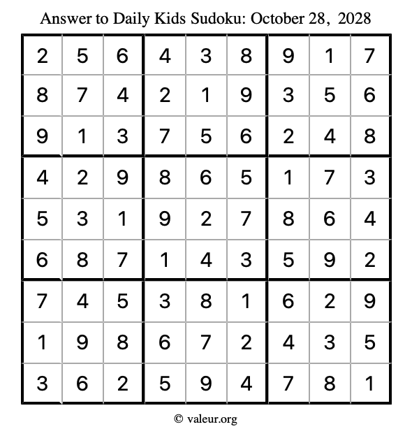 Answer to kids sudoku October 28, 2028