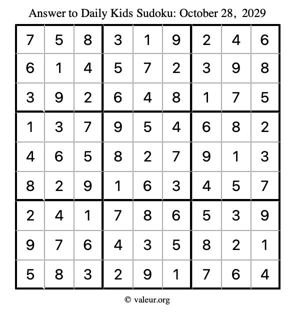 Answer to kids sudoku October 28, 2029