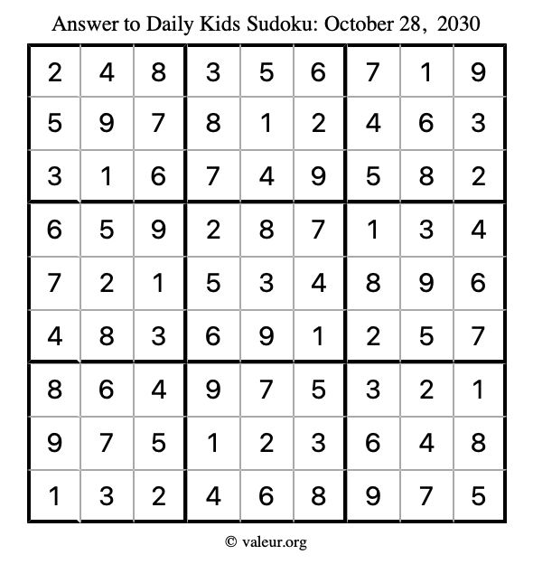 Answer to kids sudoku October 28, 2030