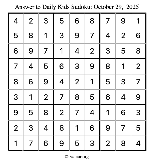 Answer to kids sudoku October 29, 2025