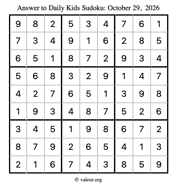 Answer to kids sudoku October 29, 2026
