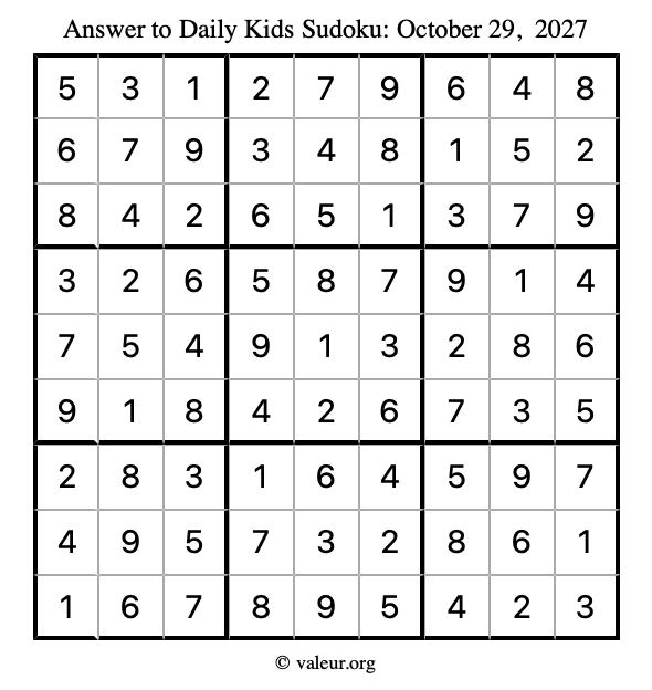 Answer to kids sudoku October 29, 2027