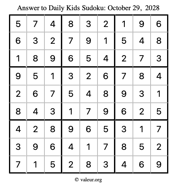 Answer to kids sudoku October 29, 2028