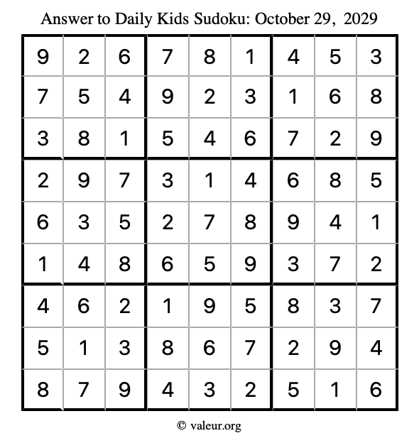 Answer to kids sudoku October 29, 2029