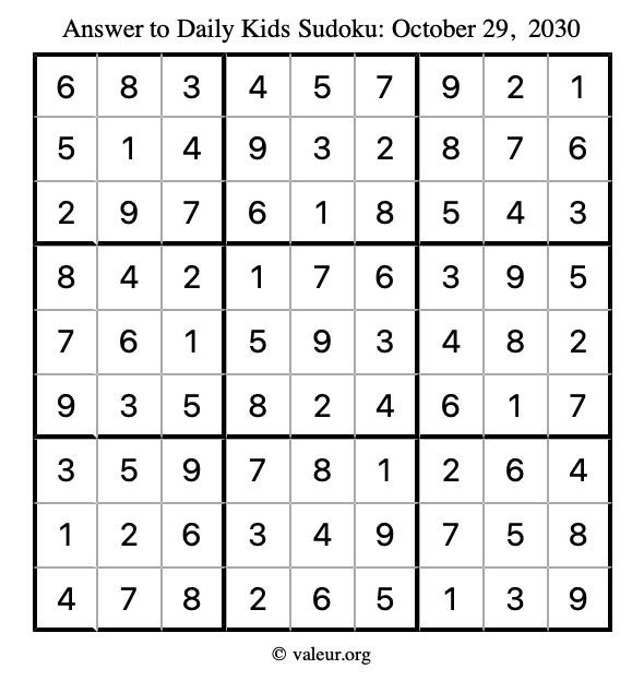 Answer to kids sudoku October 29, 2030