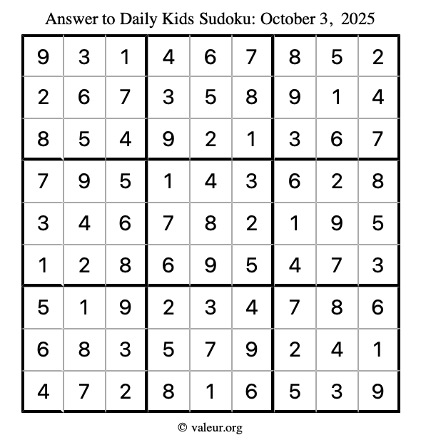 Answer to kids sudoku October 3, 2025