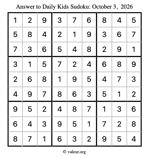 Answer to kids sudoku October 3, 2026