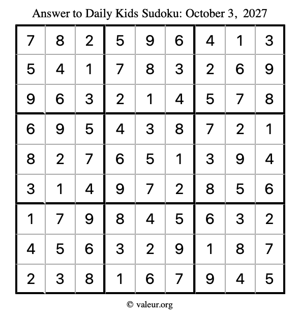 Answer to kids sudoku October 3, 2027