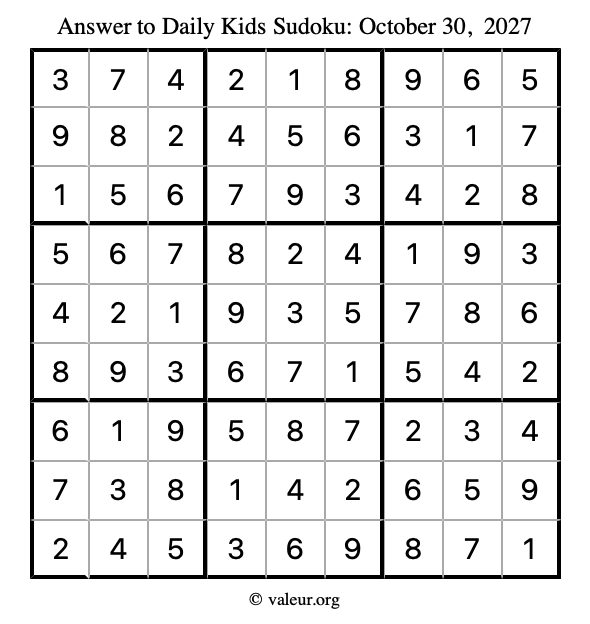 Answer to kids sudoku October 30, 2027