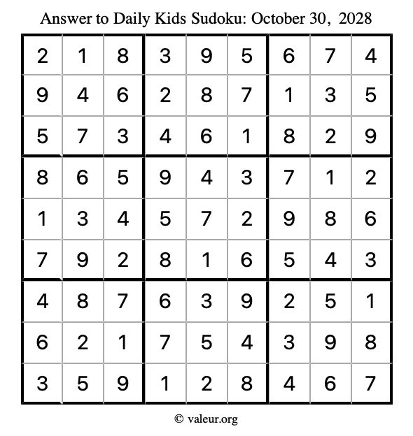 Answer to kids sudoku October 30, 2028