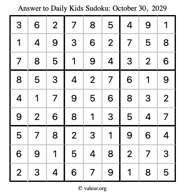 Answer to kids sudoku October 30, 2029