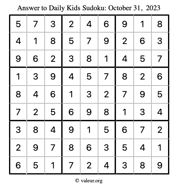 Answer to kids sudoku October 31, 2023