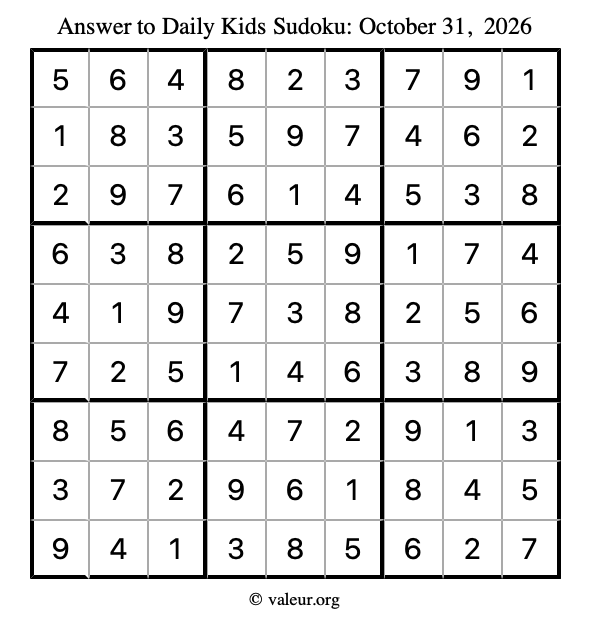 Answer to kids sudoku October 31, 2026