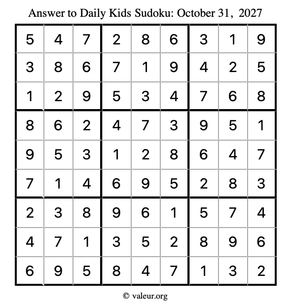 Answer to kids sudoku October 31, 2027