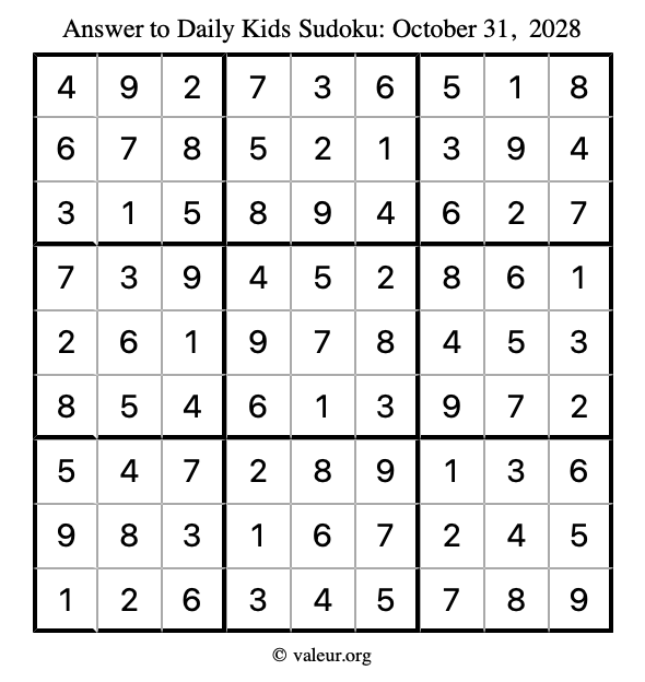 Answer to kids sudoku October 31, 2028