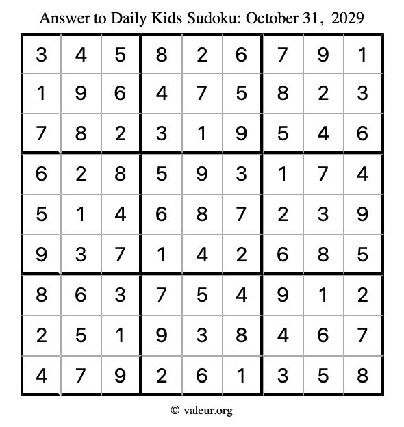 Answer to kids sudoku October 31, 2029