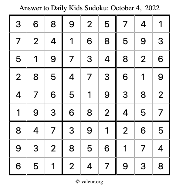 Answer to kids sudoku October 4, 2022