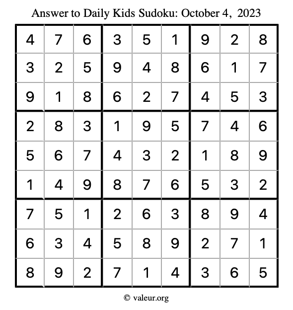 Answer to kids sudoku October 4, 2023