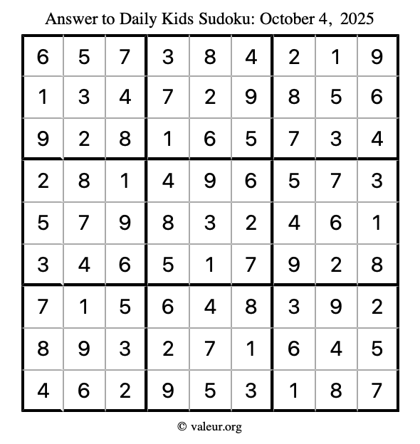 Answer to kids sudoku October 4, 2025