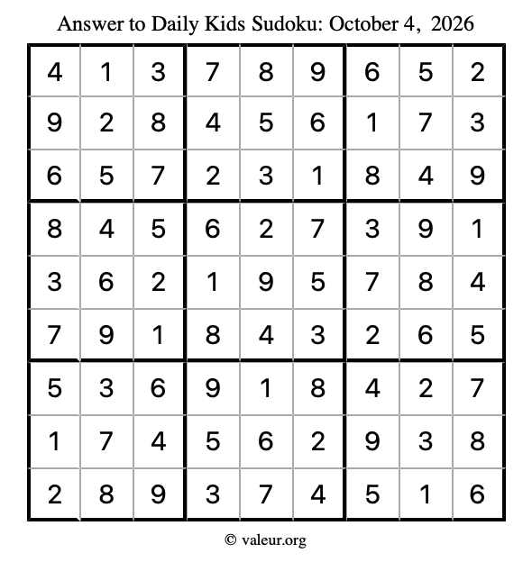 Answer to kids sudoku October 4, 2026