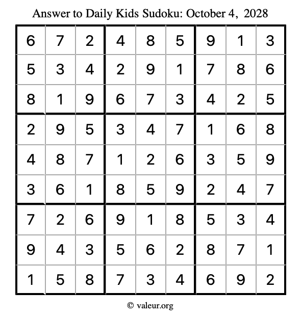 Answer to kids sudoku October 4, 2028