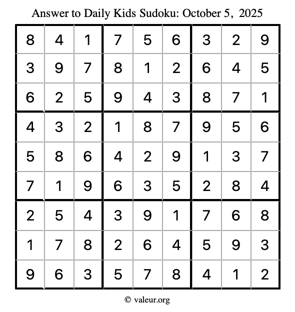 Answer to kids sudoku October 5, 2025
