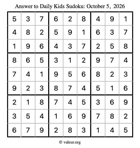 Answer to kids sudoku October 5, 2026