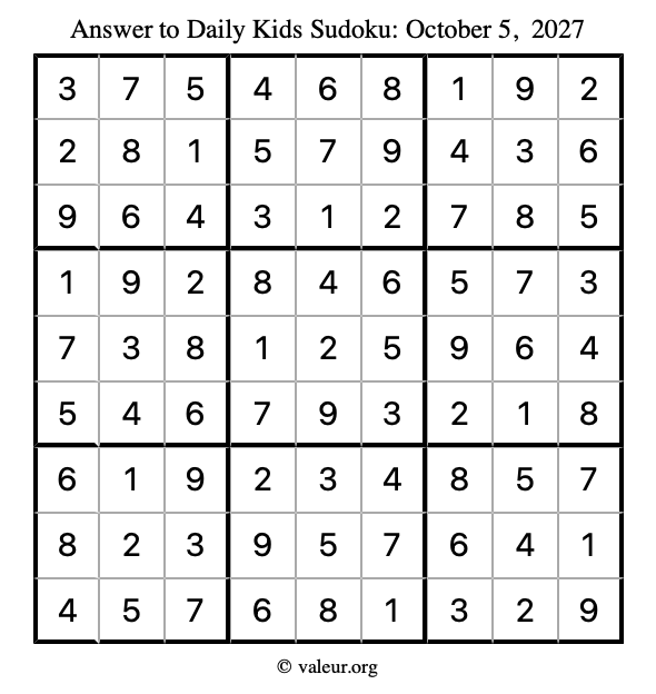 Answer to kids sudoku October 5, 2027