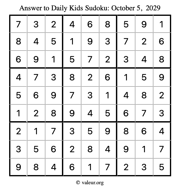Answer to kids sudoku October 5, 2029