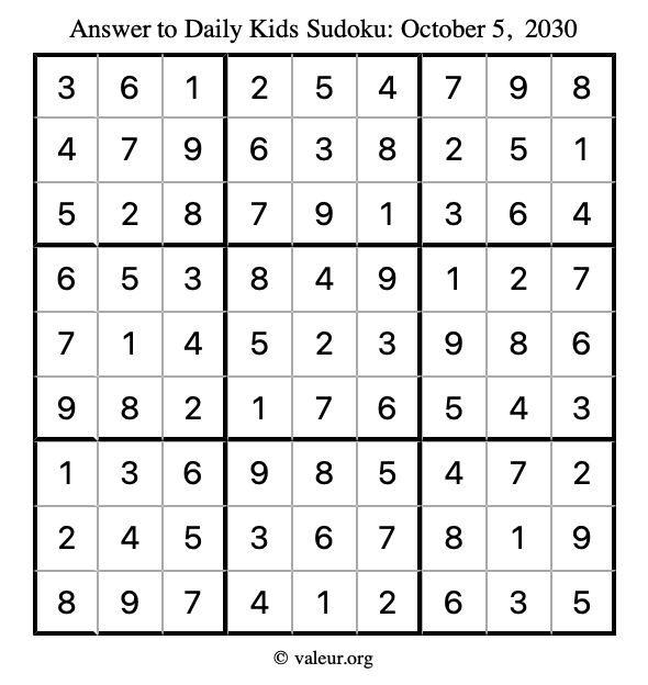 Answer to kids sudoku October 5, 2030