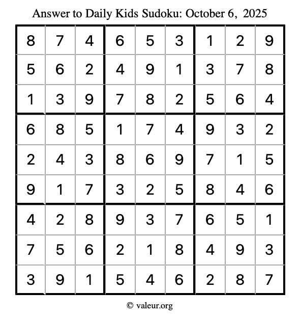 Answer to kids sudoku October 6, 2025