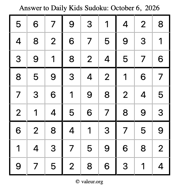 Answer to kids sudoku October 6, 2026