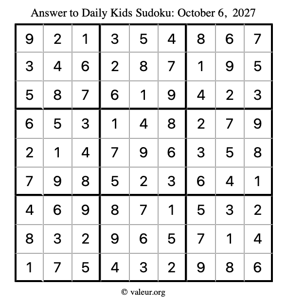 Answer to kids sudoku October 6, 2027