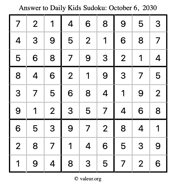 Answer to kids sudoku October 6, 2030