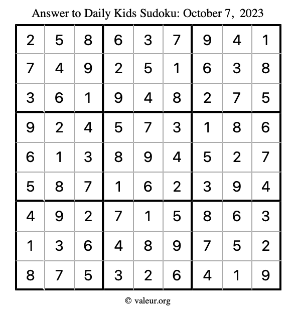 Answer to kids sudoku October 7, 2023