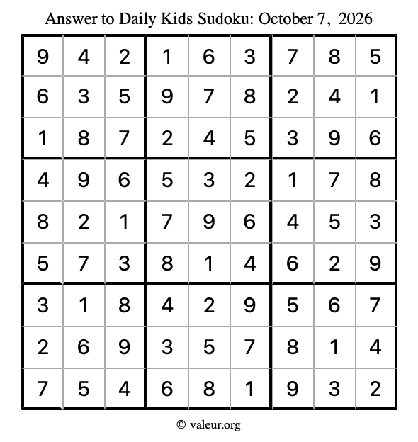 Answer to kids sudoku October 7, 2026
